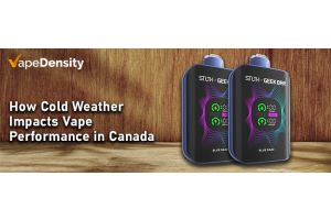Banner image showing two STLTH x Geek Bar disposable vapes on a wooden background with the Vape Density logo and the text “How Cold Weather Impacts Vape Performance in Canada.”