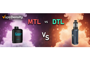 MTL vs DTL vaping comparison showing STLTH Loop pod system for mouth-to-lung vaping with purple vapor cloud and sub-ohm mod device for direct-to-lung vaping with orange vapor cloud