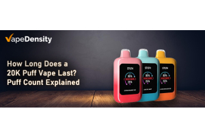 “Illustration showing three 20K puff disposable vape devices beside the title ‘How Long Does a 20K Puff Vape Last? Puff Count Explained’.”